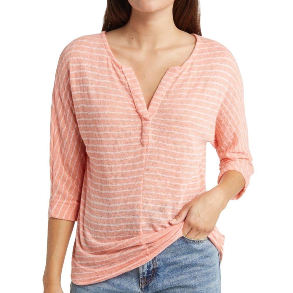Caslon - Women's Coral White Northshore Stripped 3/4 Sleeve Top